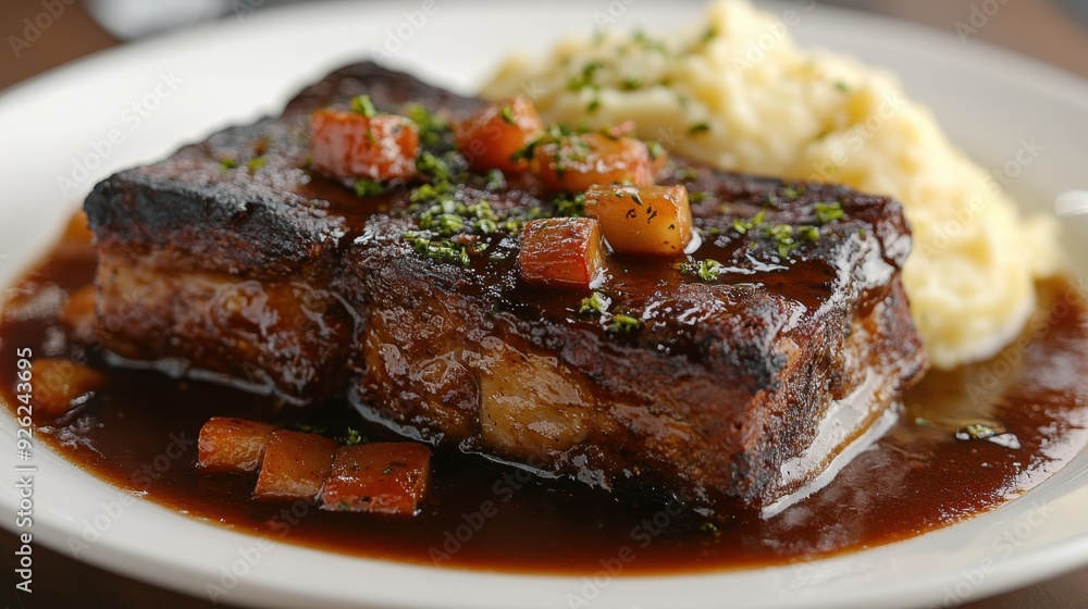 Succulent Braised Short Ribs with Rich Sauce and Creamy Mashed Potatoes on White Plate Succulent Braised Short Ribs with Rich Sauce and Creamy Mashed Potatoes on White Plate
