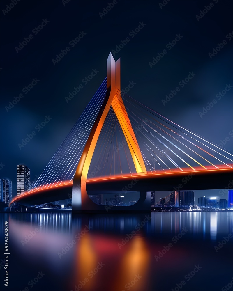 Obraz premium A stunning depiction of the Octávio Frias de Oliveira Bridge illuminated against the night cityscape, with its X-shaped towers and cables glowing in vibrant colors for a dazzling effect.