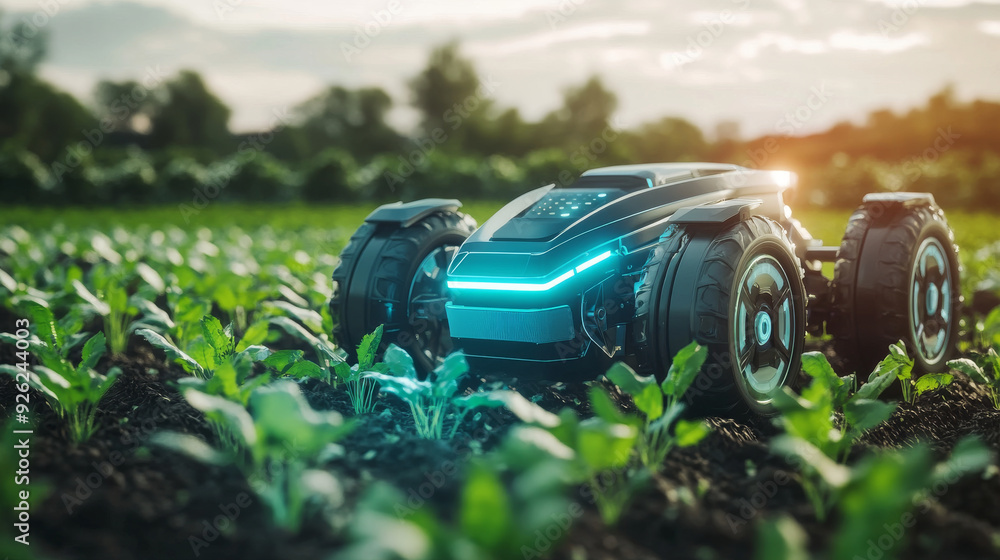 Robotic and autonomous vehicles operating in a smart farm, showcasing future 5G technology and advanced agricultural practices. Robotic and autonomous vehicles operating in a smart farm, showcasing future 5G technology and advanced agricultural practices.