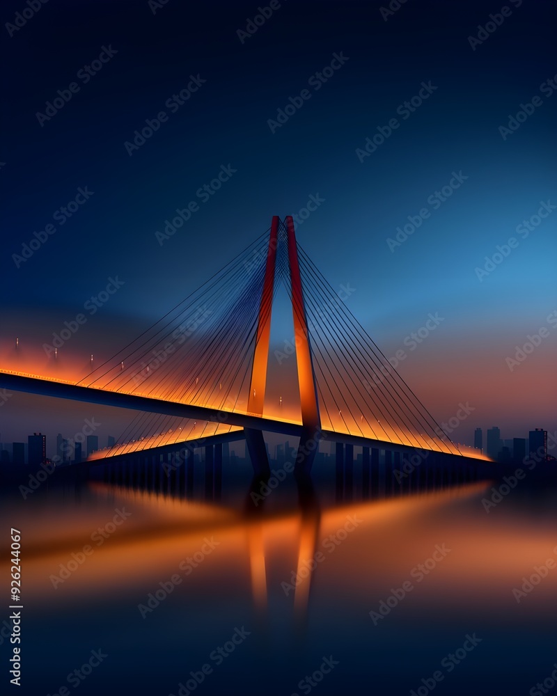 Fototapeta premium A stunning depiction of the Octávio Frias de Oliveira Bridge illuminated against the night cityscape, with its X-shaped towers and cables glowing in vibrant colors for a dazzling effect.