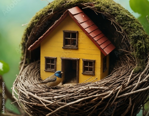 toy house inside a nest with a bird