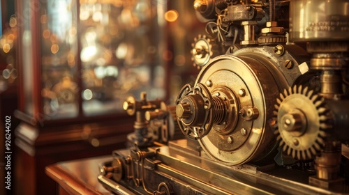 Detailed view of a vintage brass machine with intricate gears and polished surfaces, capturing the essence of antique engineering.