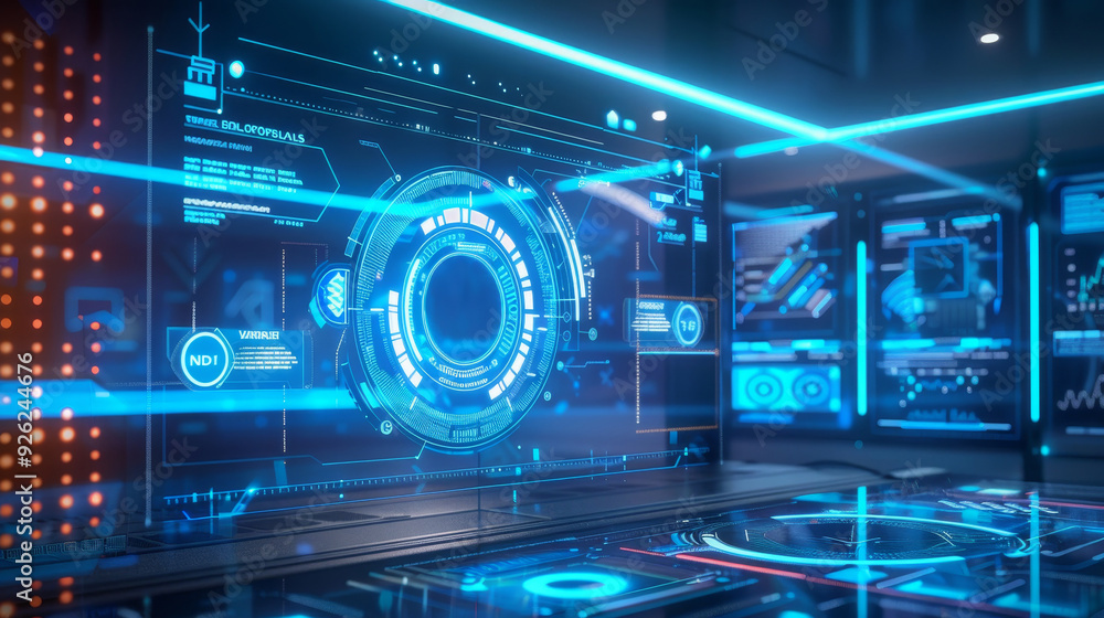 Futuristic digital interface with glowing holographic displays and advanced technology in a sleek environment. Futuristic digital interface with glowing holographic displays and advanced technology in a sleek environment.