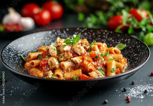 Pasta with tomato sauce and chicken on a dark plate, viewed from the side. A traditional Italian pasta dish made from penne or conchiglie pasta in a hot ceramic bowl decorated with fresh vegetables, t