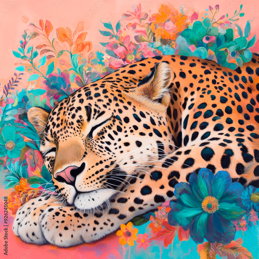 Naklejka premium Schlafender Leopard mit Blumen