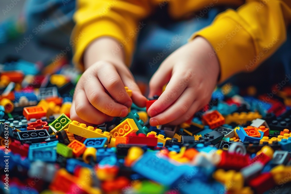 A child is playing with a large pile of colorful toys A child is playing with a large pile of colorful toys