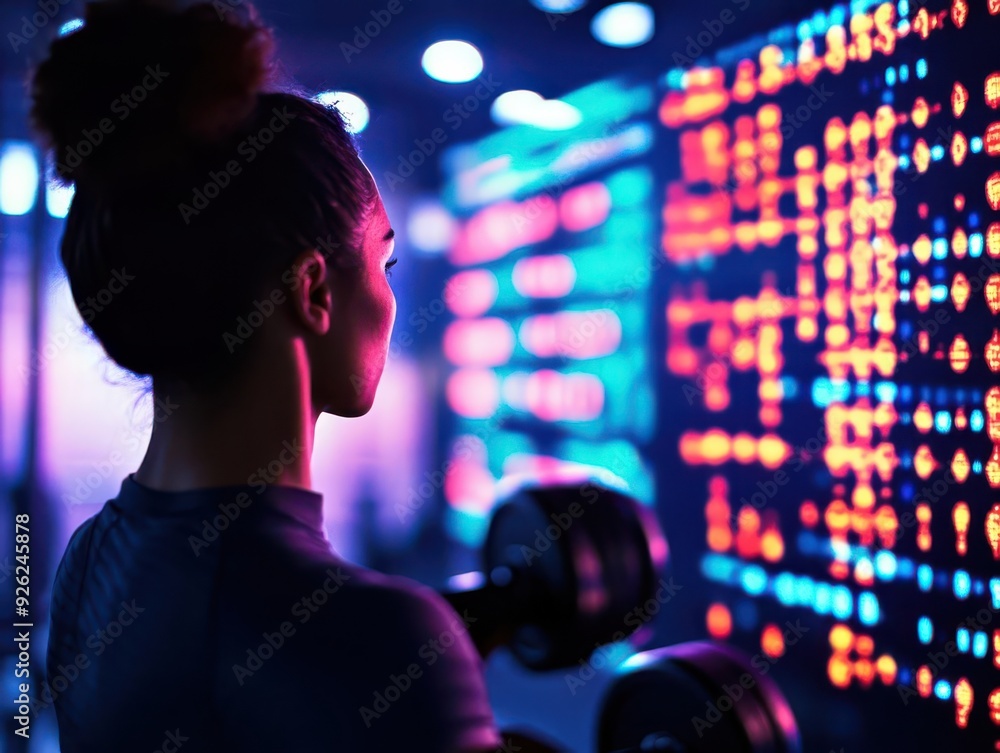 A determined woman exercises with a dumbbell, focused on her fitness goals in a vibrant, tech-inspired gym environment. A determined woman exercises with a dumbbell, focused on her fitness goals in a vibrant, tech-inspired gym environment.