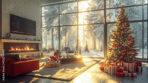 Wallpaper Mural Cozy Christmas Morning in Modern Living Room with Presents under Tree and Soft Daylight Streaming Through Windows Torontodigital.ca