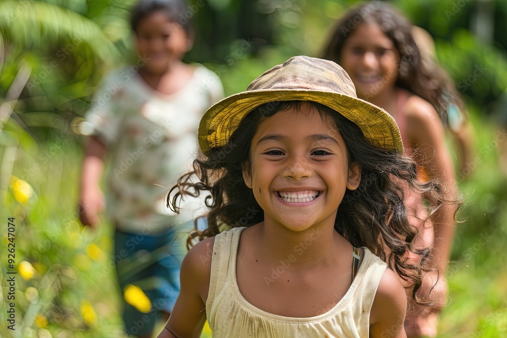 A young girl with long hair is smiling and wearing a yellow hat. Concept of joy and happiness A young girl with long hair is smiling and wearing a yellow hat. Concept of joy and happiness