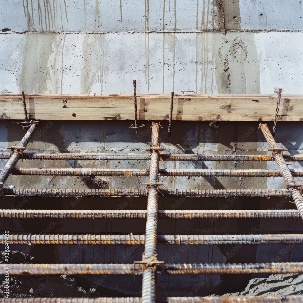 Close-up of construction materials and metal rebars against a weathered concrete background, reflecting the rawness of building work. Close-up of construction materials and metal rebars against a weathered concrete background, reflecting the rawness of building work.