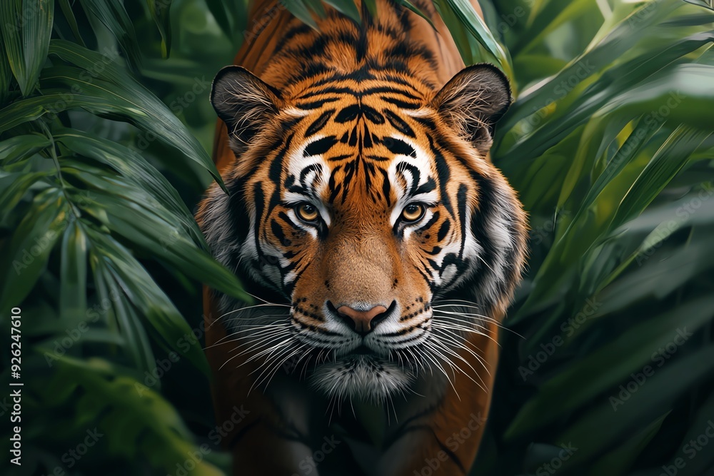 A tiger prowling through a jungle, eyes focused, symbolizing natural dominance and victory in survival competition A tiger prowling through a jungle, eyes focused, symbolizing natural dominance and victory in survival competition