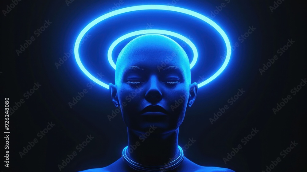 Futuristic bust with a glowing halo above its head against a dark background, symbolizing enlightenment and technology Futuristic bust with a glowing halo above its head against a dark background, symbolizing enlightenment and technology