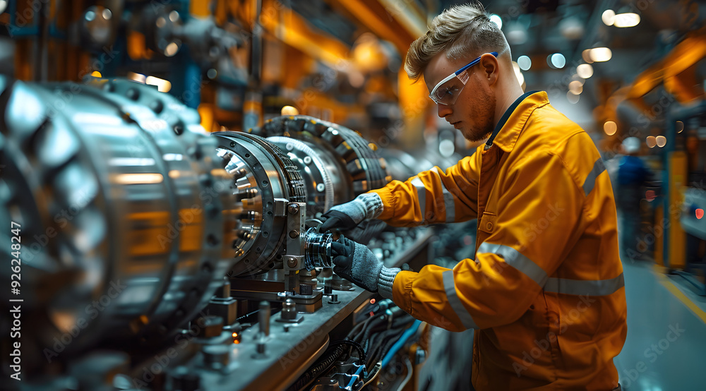 Industrial Worker in a Factory Setting, Examining Machinery Industrial Worker in a Factory Setting, Examining Machinery