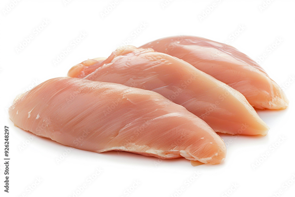 Three raw chicken breasts are showcased on white background, ready for cooking and meal preparation Three raw chicken breasts are showcased on white background, ready for cooking and meal preparation