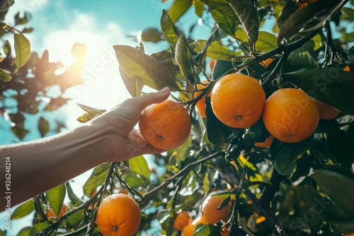 Close up of a persons hand picking a fresh orange from a tree in summer