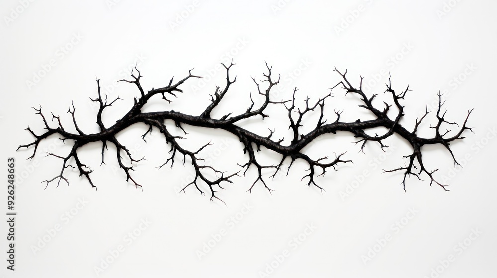 Fototapeta premium High-contrast image of thorny branches extending outward from a central point on a white background,
