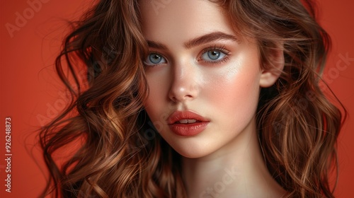 Wallpaper Mural Close-up of a young woman with wavy hair against an orange background, showcasing her striking blue eyes and natural makeup Torontodigital.ca