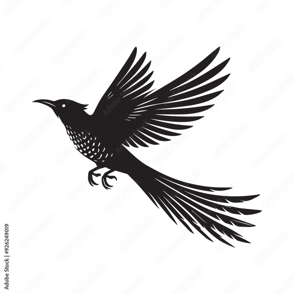 Obraz premium Yellow-billed Cuckoo silhouette, Cuckoo Bird Clipart, Yellow-billed Cuckoo in mid-flight wings fully Illustration in black and white