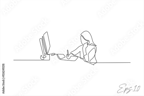 continuous line vector illustration design of woman doing office work