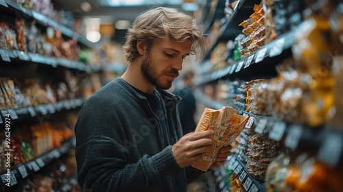 A young man in a supermarket aisle carefully reads a product label with a thoughtful expression.  photo