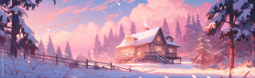 Enchanting Anime-Style Winter Retreat: A Cozy Mountain Cabin Amidst Snow-Covered Pines and Icy Twilight, Perfect for Romantic Getaways and Moody Digital Art Landscapes Enchanting Anime-Style Winter Retreat: A Cozy Mountain Cabin Amidst Snow-Covered Pines and Icy Twilight, Perfect for Romantic Getaways and Moody Digital Art Landscapes