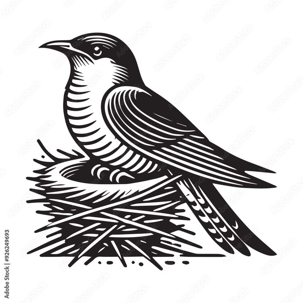 Yellow-billed Cuckoo silhouette, Cuckoo Bird Clipart, Yellow-billed Cuckoo sitting low on a nest Illustration in black and white Yellow-billed Cuckoo silhouette, Cuckoo Bird Clipart, Yellow-billed Cuckoo sitting low on a nest Illustration in black and white