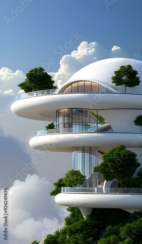 Retro-futuristic urban megastructures featuring heart-shaped origami sculptures in white and green, inspired by elvish design. The scene incorporates a pastel palette, bright sunlight, deep skies, and