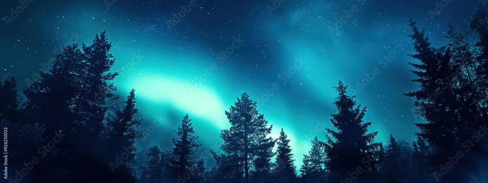 Fototapeta premium A dark sky with a blue aurora and trees in the background
