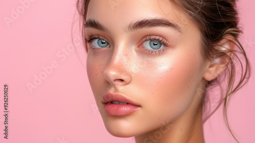 Wallpaper Mural Young woman with beautiful blue eyes and glowing skin poses against a soft pink background in natural light Torontodigital.ca