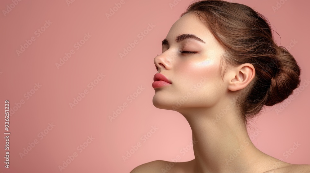 Naklejka premium A young woman poses gracefully with her eyes closed against a soft pink background, showcasing natural beauty and elegance