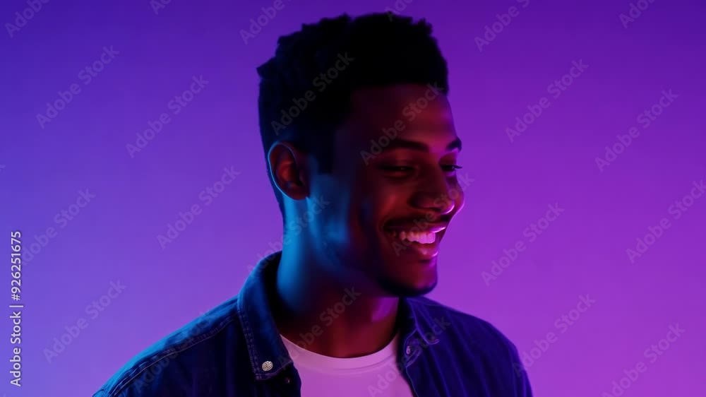 Young Man Smiling in Neon Glow Against Purple Gradient Background Young Man Smiling in Neon Glow Against Purple Gradient Background