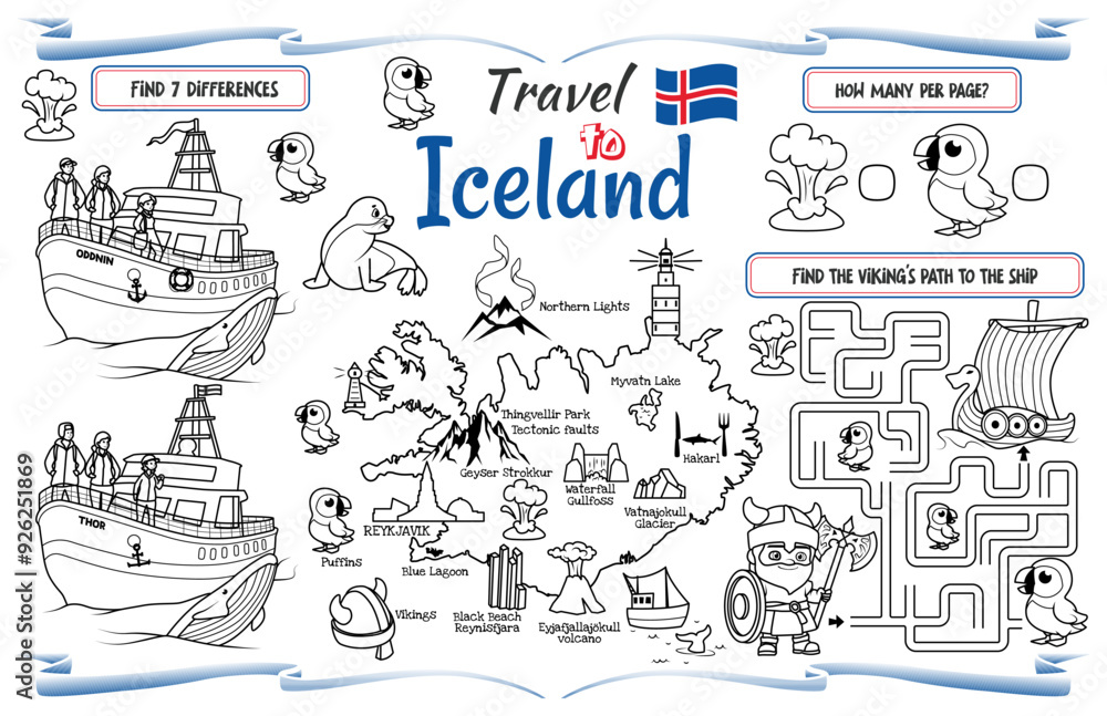 Fototapeta premium A fun placemat for kids. Printable “Travel to Iceland” activity sheet with a labyrinth and find the differences. 17x11 inch printable vector file