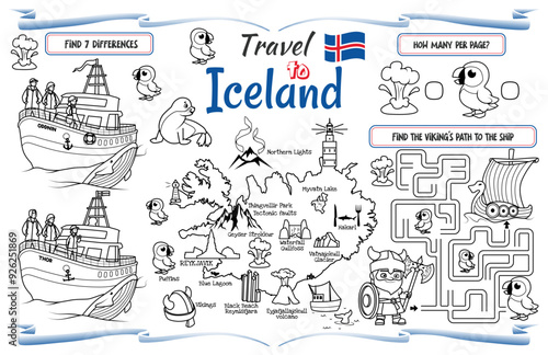 A fun placemat for kids. Printable “Travel to Iceland” activity sheet with a labyrinth and find the differences. 17x11 inch printable vector file