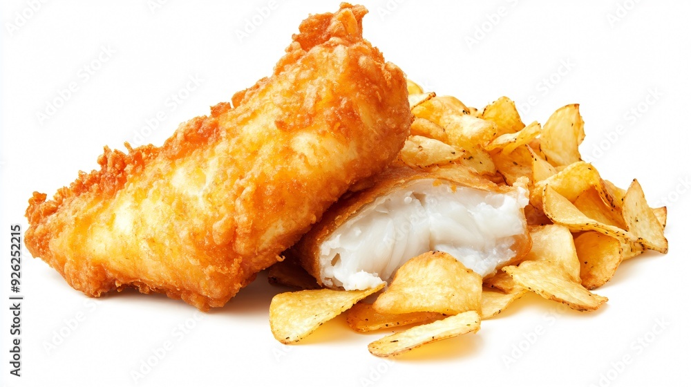Delicious Crispy Fish in Sparkling Batter with Potato Chips Isolated on White Background Delicious Crispy Fish in Sparkling Batter with Potato Chips Isolated on White Background