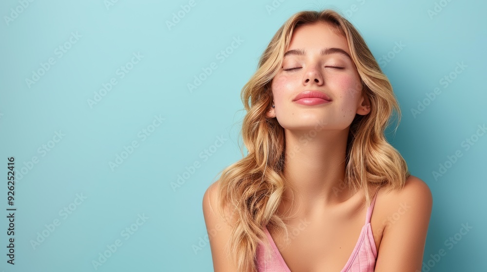 Fototapeta premium Young woman enjoying a moment of tranquility against a light blue background in a cozy indoor setting