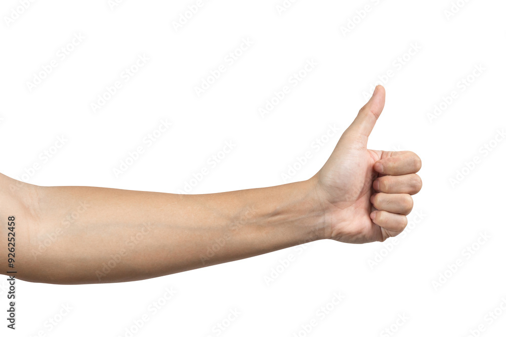 Hand of client show thumb up isolated on white background. Service rating, satisfaction concept. Male hand showing thumb up Hand of client show thumb up isolated on white background. Service rating, satisfaction concept. Male hand showing thumb up