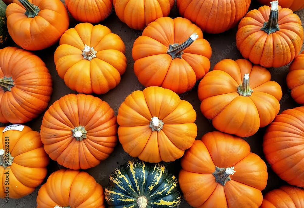 A Colorful Harvest: Aerial View of Pumpkins in Various Shapes and Sizes A Colorful Harvest: Aerial View of Pumpkins in Various Shapes and Sizes