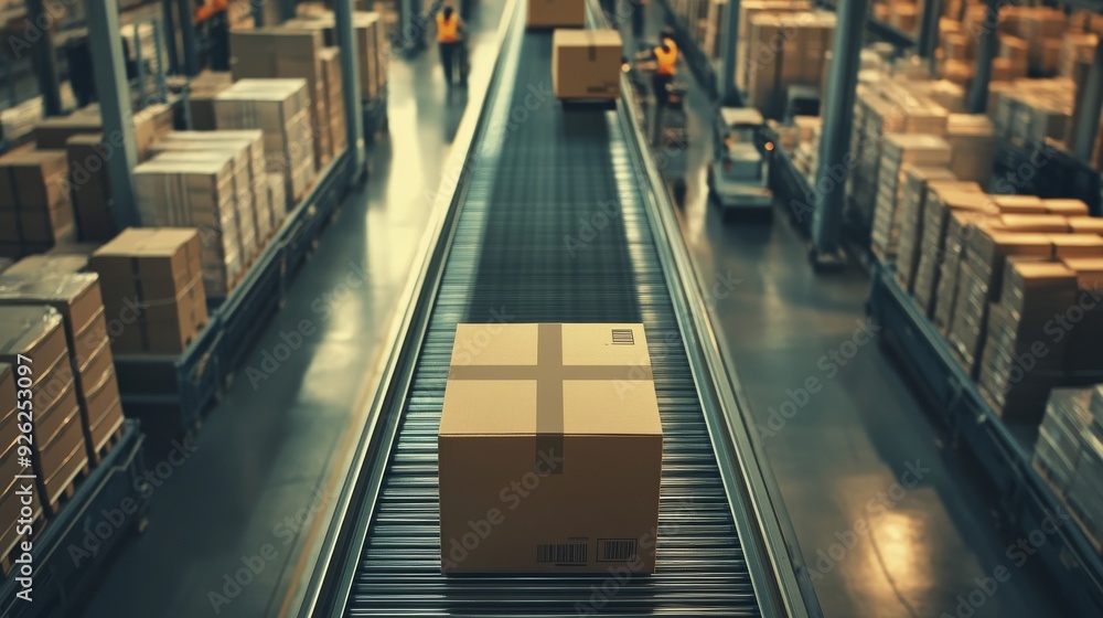 Boxes travel along a conveyor belt in a busy shipping facility as workers prepare packages for delivery during daylight hours Boxes travel along a conveyor belt in a busy shipping facility as workers prepare packages for delivery during daylight hours