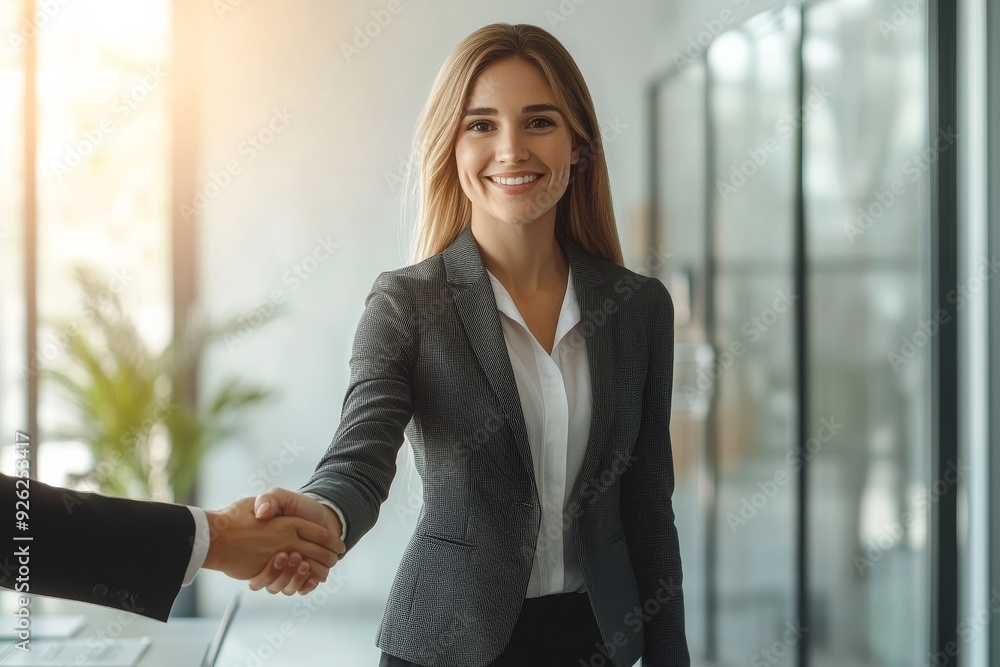 A businesswoman smiles warmly as she shakes hands with a partner in a contemporary office setting filled with natural light A businesswoman smiles warmly as she shakes hands with a partner in a contemporary office setting filled with natural light