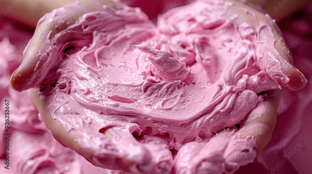 Fototapeta premium Hands holding a heart-shaped mold of pink whipped cream during a baking activity in a bright kitchen