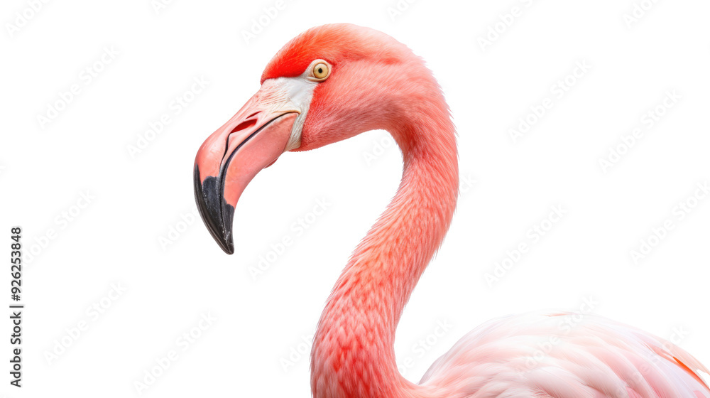 Obraz premium A flamingo on white background. Telephoto lens photography Realistic daylight