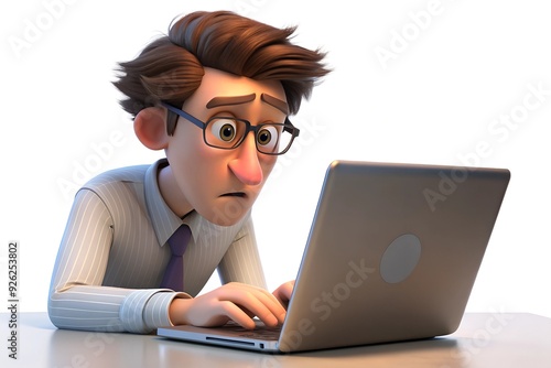 3D Cartoon Man with Glasses Worriedly Using Laptop