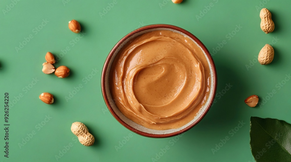 Delicious Peanut Butter Spread with Groundnuts on Green Background Delicious Peanut Butter Spread with Groundnuts on Green Background