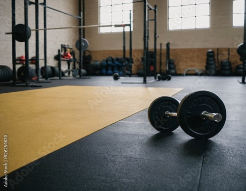 CrossFit Equipment on floor in Gym. Ai generated image.