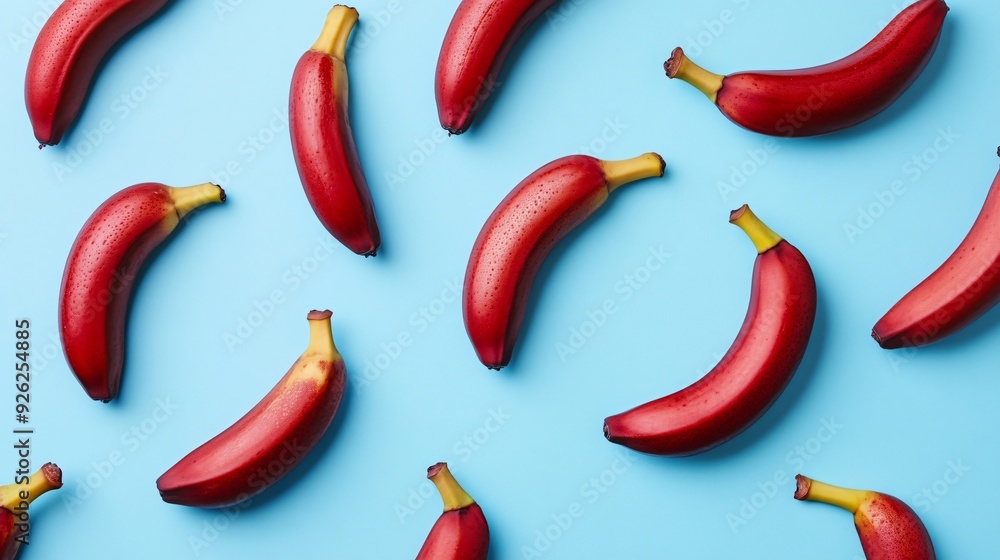 Vibrant Tasty Red Baby Bananas on Light Blue Background Vibrant Tasty Red Baby Bananas on Light Blue Background