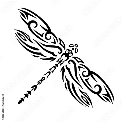 Tribal tattoo art with black decorative dragonfly isolated on the white background