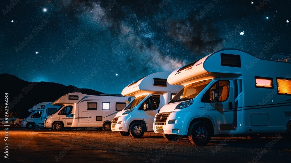 RVs, Campers, Caravan Parked Under Starry Sky at Night, Motorhomes Adventure and Freedom Concept RVs, Campers, Caravan Parked Under Starry Sky at Night, Motorhomes Adventure and Freedom Concept