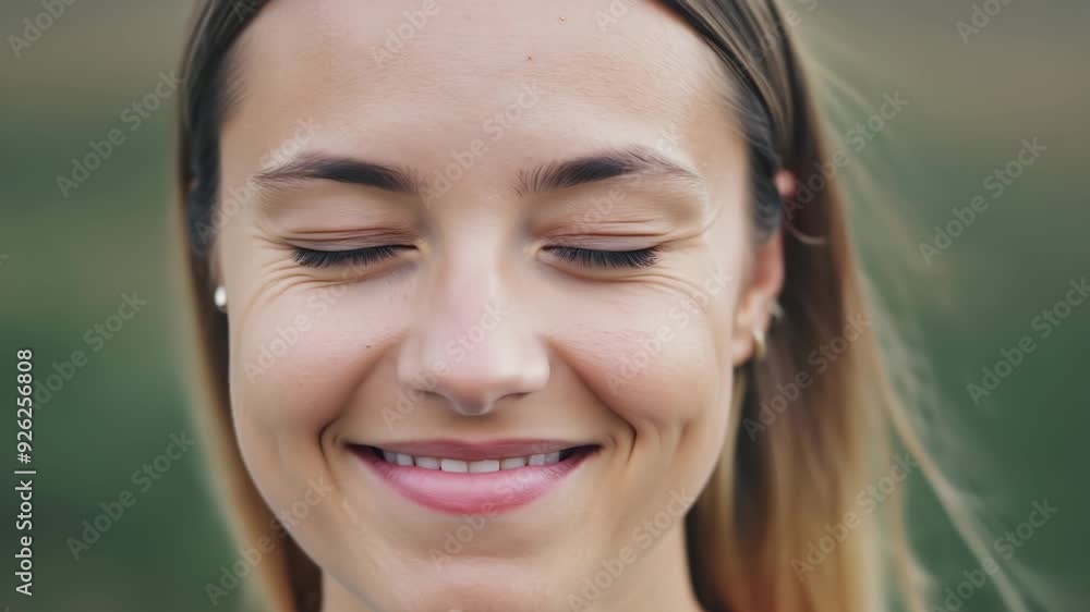 Calm and Relaxed Woman with Flowing Blonde Hair Enjoying a Breath of Fresh Air Calm and Relaxed Woman with Flowing Blonde Hair Enjoying a Breath of Fresh Air