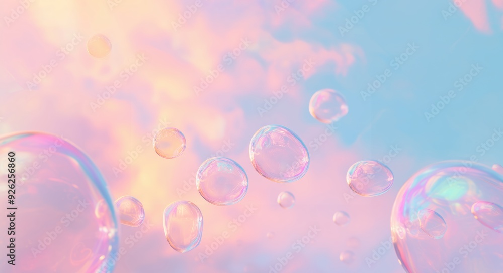 Pastel abstract background with flying soap bubbles close-up. Colorful soap bubbles with pearlescent shine against the sky and pink clouds. Pastel abstract background with flying soap bubbles close-up. Colorful soap bubbles with pearlescent shine against the sky and pink clouds.