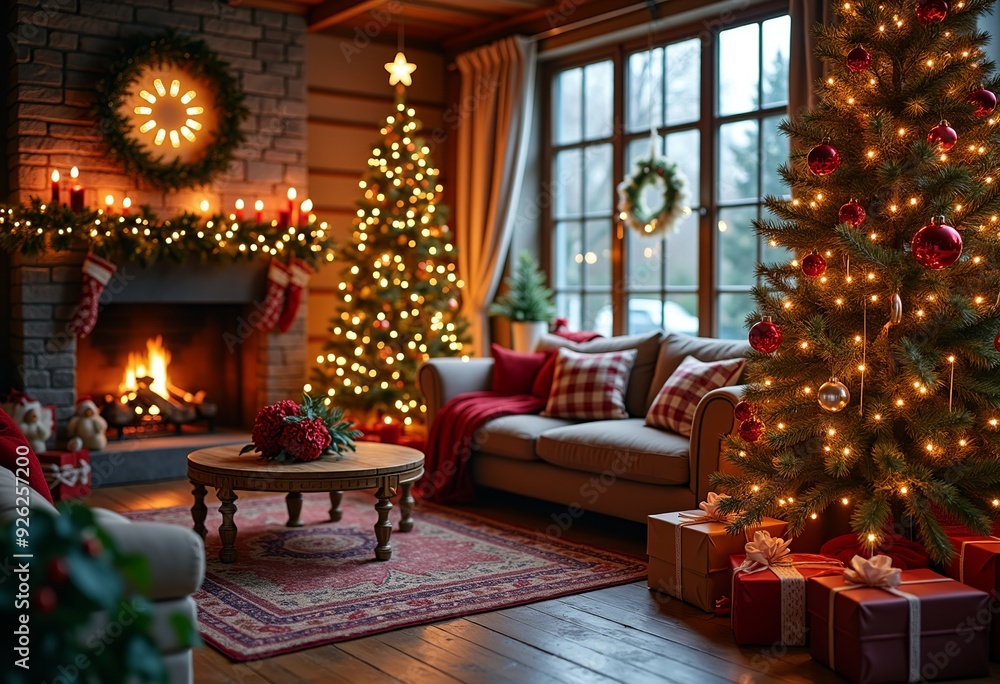 Festive Christmas Scene: Cozy Living Room with Fireplace, Tree, and Gifts Festive Christmas Scene: Cozy Living Room with Fireplace, Tree, and Gifts